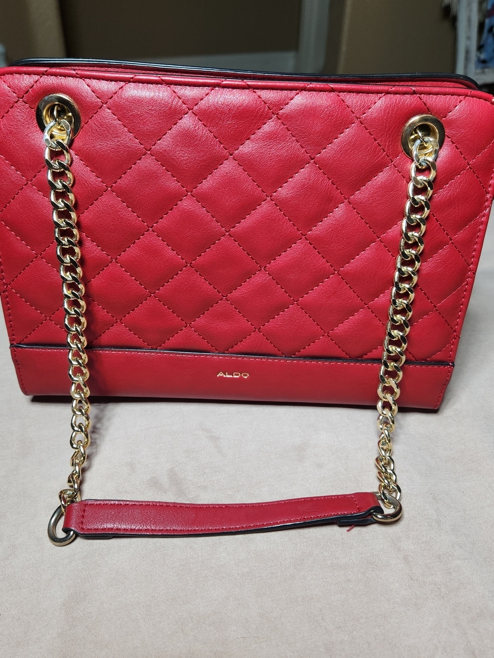 ALDO Quilted Red Chain-Handle Shoulder Bag Faux Leather